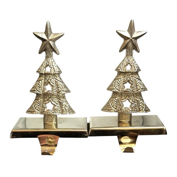Vintage - Pair of Brass Metal Christmas Tree Shaped Stocking Hangers - Picture 2 of 7